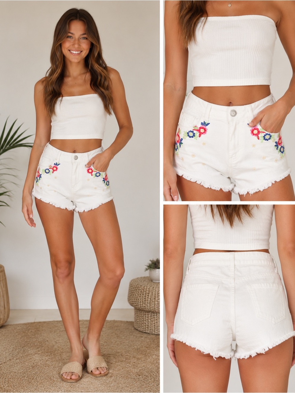 Madeline & Monroe White Floral‎ Embroidered Frayed Denim Shorts Size 1 Juniors